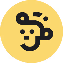 Abstract black icon resembling a stylized monkey face inside a yellow circle background.