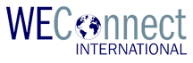 Logotipo da WEConnect International com um globo terrestre integrado à letra O de Connect.